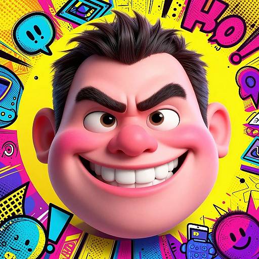 Digital cartoon of a chubby, fair-skinned man with black hair, thick eyebrows, and a wide, grinning smile, set against a vibrant yellow