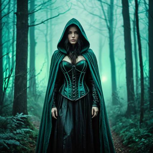 Mysterious Woman in Hooded Cloak in Foggy Forest