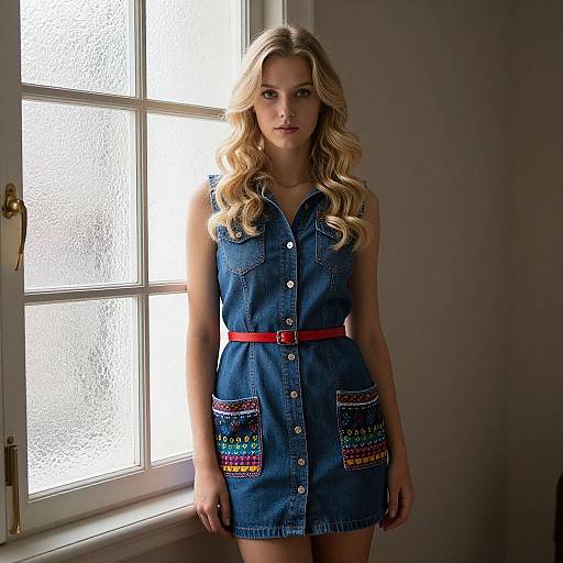 Photograph of a blonde woman with wavy hair, wearing a blue denim dress with red belt, standing in front of a frosted window.