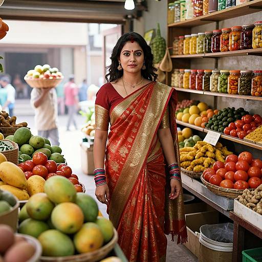 Photograph of a South Asian woman in a red and gold saree standing in a vibrant fruit market, surrounded by colorful produce and jars of spices.