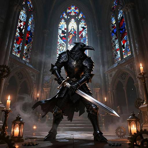 Sinister Raven Knight in Ruined Cathedral