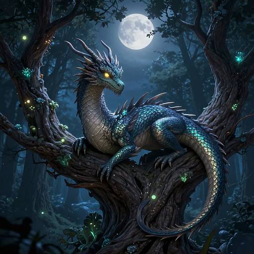 Digital artwork: A luminous blue dragon with glowing yellow eyes and bioluminescent scales rests on a twisted, moonlit tree branch in a mystical