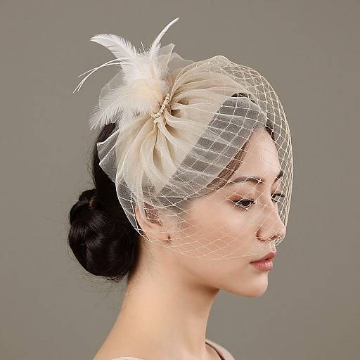 Photograph of a fair-skinned woman with dark hair in an elegant bun, wearing a white feathered fascinator and mesh veil, against a gray