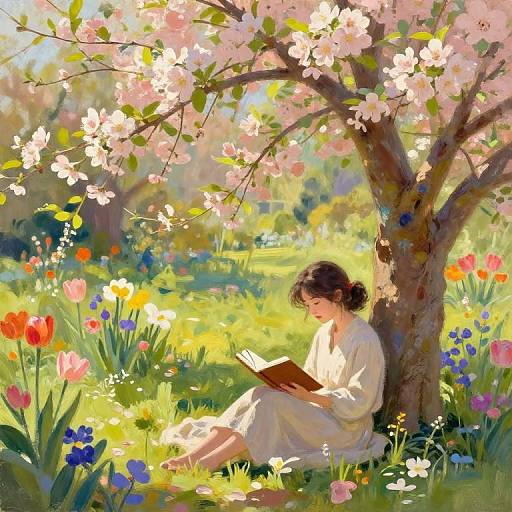 Digital painting of a serene woman in a white dress, reading under a blooming cherry tree amidst vibrant spring flowers and sunlight.