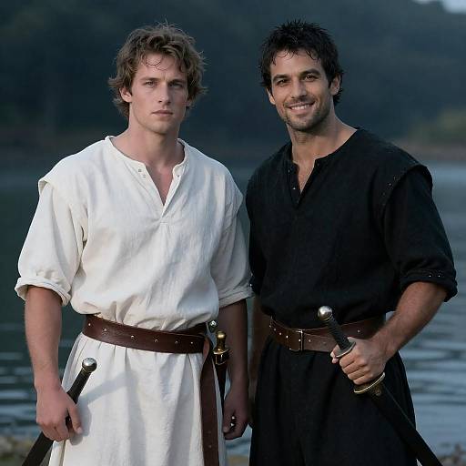 Two Medieval Men with Swords by Water