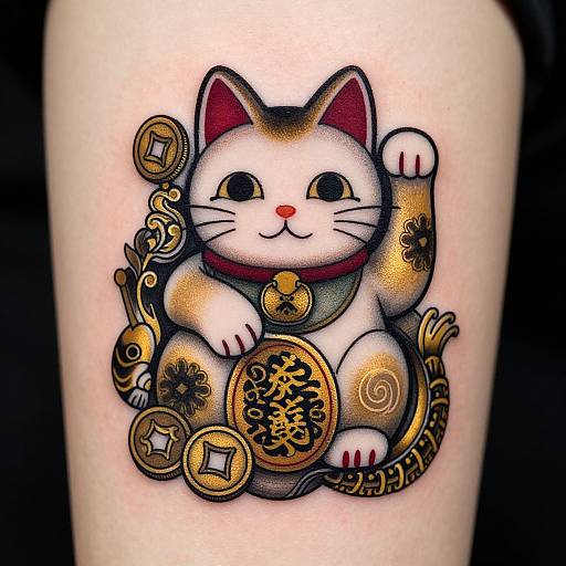 Tattoo of a chubby, white, cartoon cat with red ears and collar, surrounded by gold, ornate coins and symbols, on pale skin