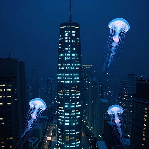 Nighttime cityscape photograph of a tall building with illuminated windows, surrounded by four glowing blue jellyfish-shaped lights against a dark blue sky.