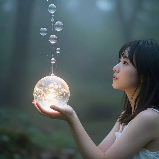 Photograph of an Asian woman with black hair, wearing a white sleeveless top, holding a glowing, transparent bubble in a misty forest.