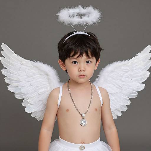 Photograph of a young Asian boy with black hair, wearing white angel wings, halo, white headband, necklace, and white tulle skirt.