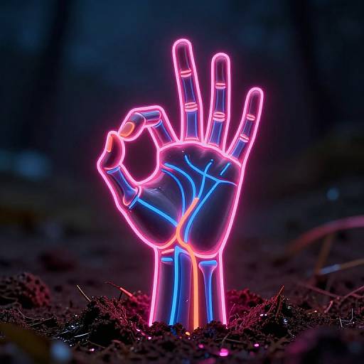 Neon Glowing Hand Rising at Night