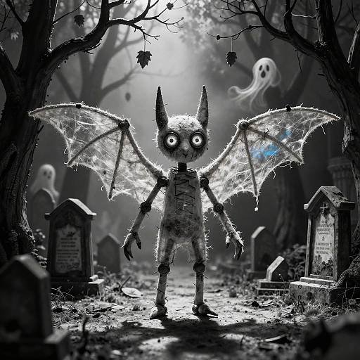 Digital artwork of a creepy, skeletal bat-like creature with glowing eyes and tattered wings in a dark, spooky graveyard at night. Ghosts float in