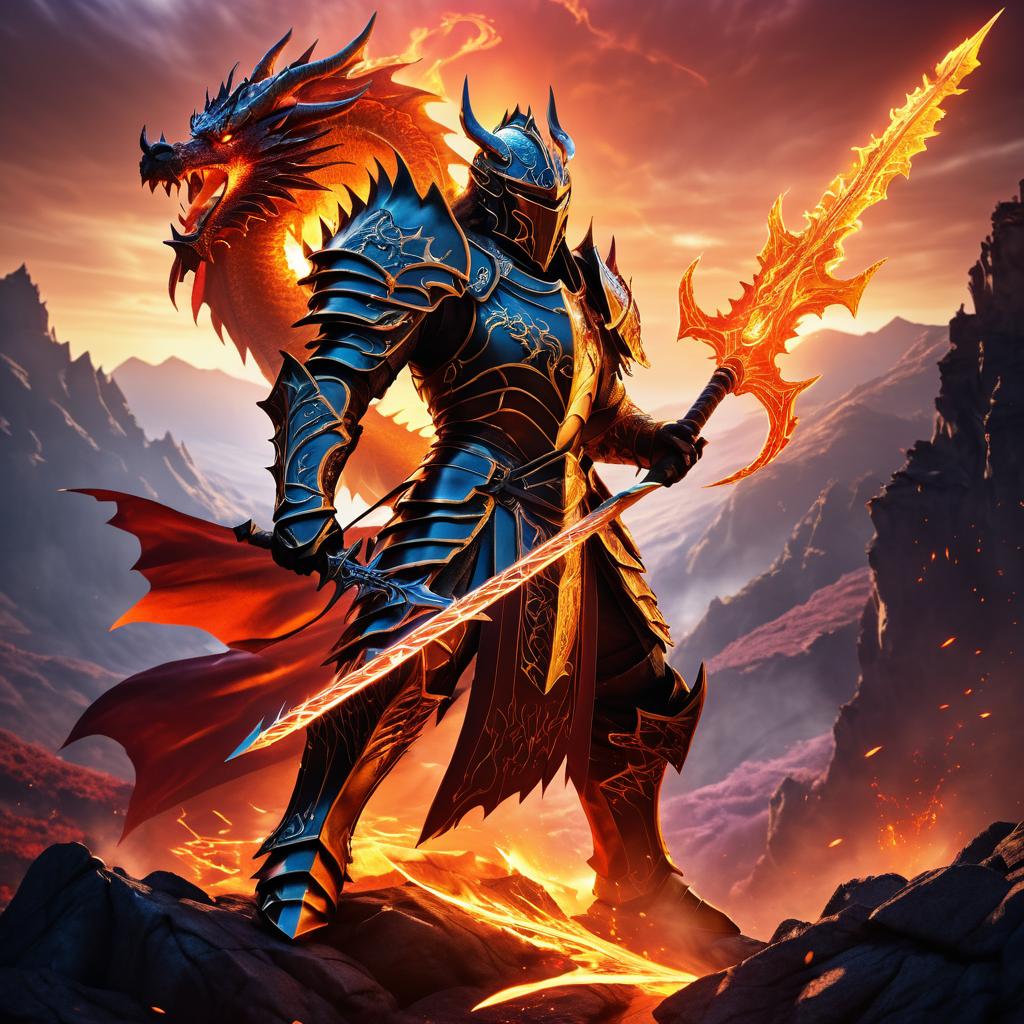 Epic Dragon Knight in Fiery Sunset