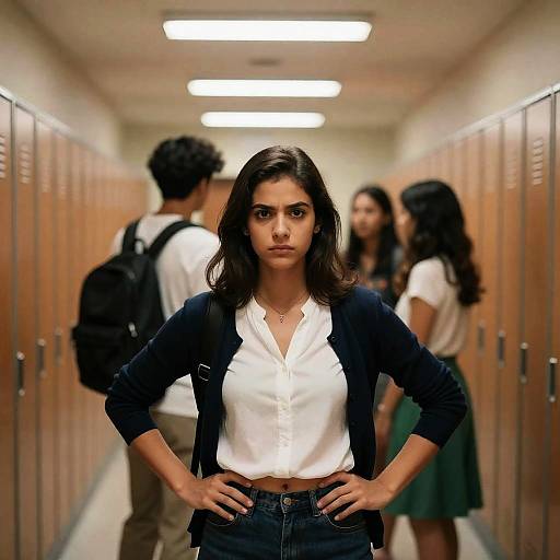 Teen girl with intense expression in school hallway