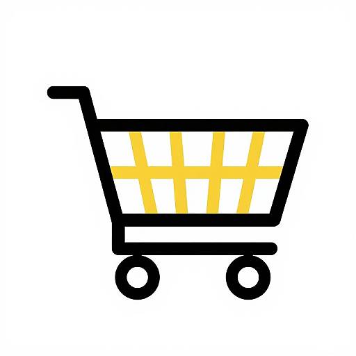 Simple, bold, black-outlined shopping cart with yellow crosshatch pattern on the basket, centered on a white background. Digital illustration.