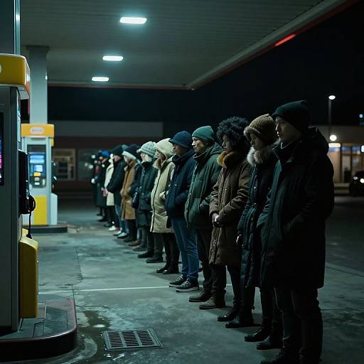 Photograph of a nighttime bus station with a line of people in winter coats, hats, and boots waiting to use a ticket machine.