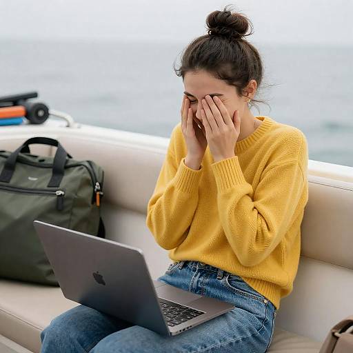 Laughing woman with laptop on boat
