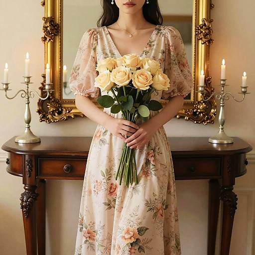 Elegant Woman Before Ornate Gold Mirror