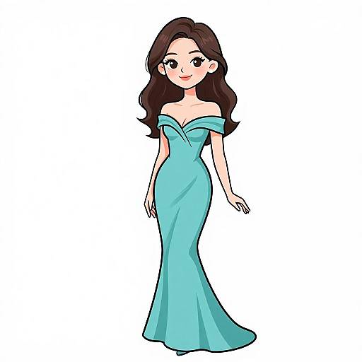 Cartoon-style drawing of a smiling woman with long brown hair, wearing an off-shoulder, strapless, light blue evening gown, standing against