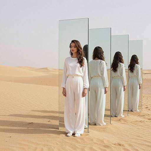 Photograph of a woman with long dark hair in white long-sleeve jumpsuit and trousers, standing in desert with mirrored panels reflecting her back in