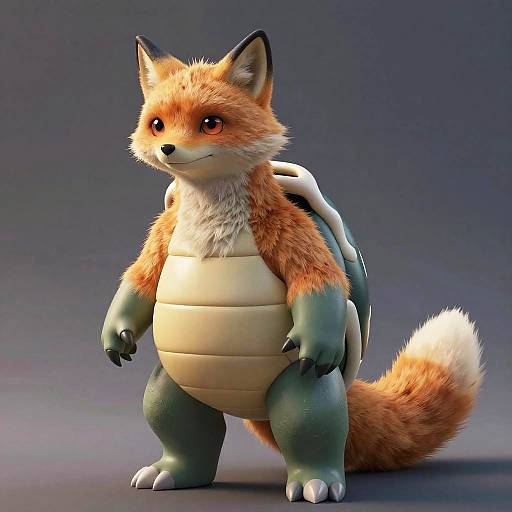 CGI anthropomorphic fox-turtle hybrid with orange fur, white chest, green limbs, black claws, and a turtle shell, standing against a gradient