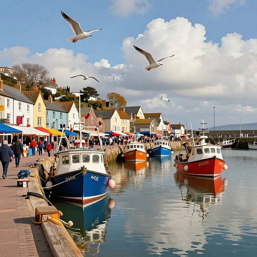 Photograph of a vibrant harbor with colorful fishing boats, seagulls flying, quaint buildings, and bustling pedestrians under a bright, cloud-dotted sky