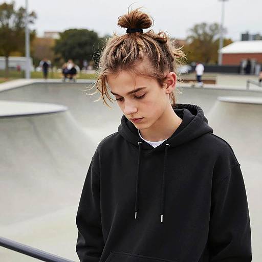 Teen Boy with Messy Bun in Skate Park