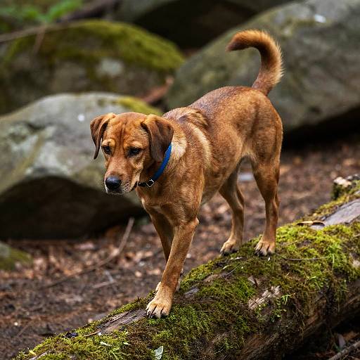 Brown Dog Walking on Mossy Log in Forest
