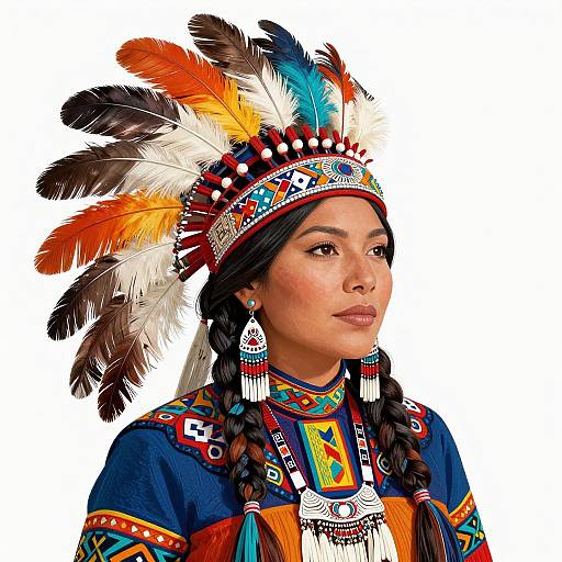 Photograph of a young woman with medium brown skin, wearing a colorful Native American headdress with feathers, traditional blue shirt, braided hair, and
