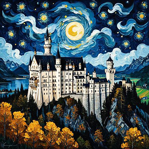 Neuschwanstein Castle in Starry Night Style