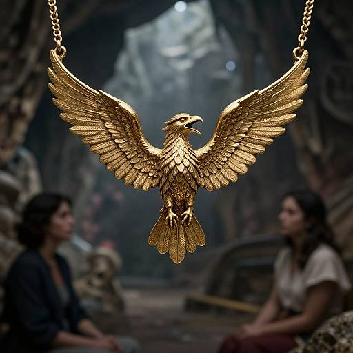 Photograph of a detailed, golden eagle pendant with outstretched wings, hanging from a chain, in a dimly lit, cavernous setting with