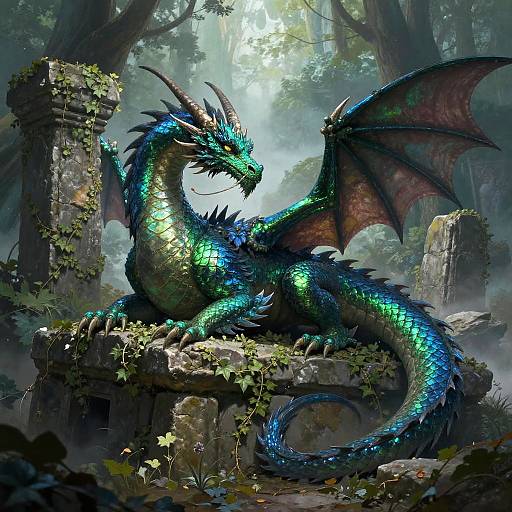 Digital fantasy artwork of a vibrant green and blue dragon with iridescent scales, large wings, and sharp horns, lounging on ancient, moss-covered