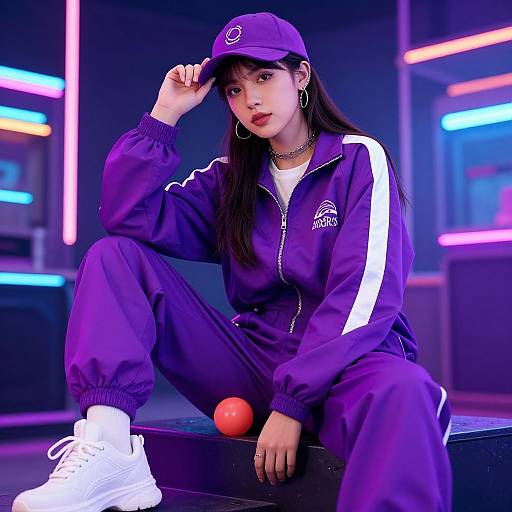Photograph of an Asian woman in a purple tracksuit, white sneakers, and baseball cap, sitting on a neon-lit platform with a basketball.