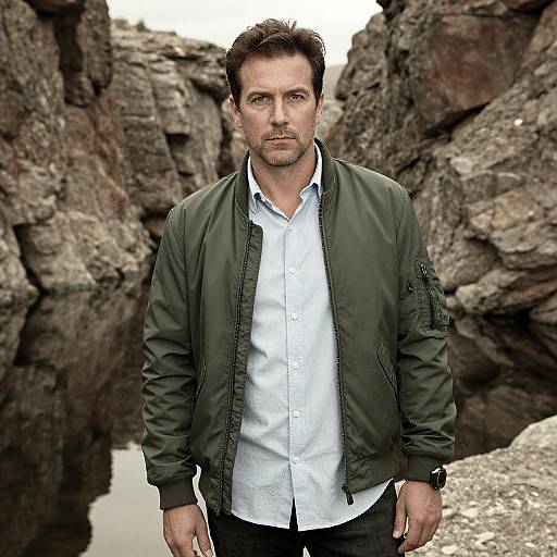 Photograph of a serious, dark-haired man in a green jacket and white shirt, standing against rocky cliffs with a reflective water pool in the background.
