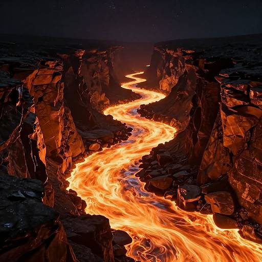 Photograph of a vivid, glowing river of molten lava flowing between dark, jagged rock cliffs under a starry night sky.