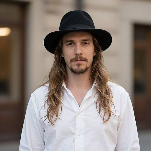 Photograph of a young man with long brown hair, black hat, and white shirt, standing outdoors with blurred urban background.