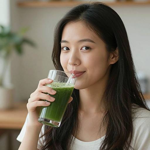 Photograph of an Asian woman with long black hair, wearing a white shirt, sipping a green smoothie in a bright, blurred indoor setting.