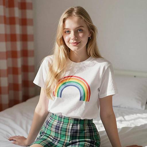 Blonde Woman in Rainbow T-shirt and Green Plaid Skirt