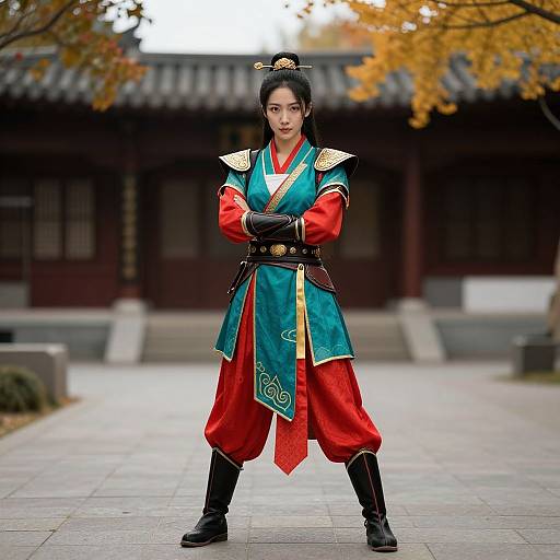 Photograph of an Asian woman in traditional Korean royal attire, standing confidently with arms crossed, in a serene courtyard with autumn trees.