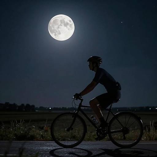 Silhouetted cyclist in profile rides under a bright, full moon in a dark, night sky with a grassy field background.
