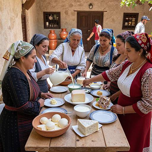 Photograph of six women in traditional Spanish attire preparing food, pouring from a pitcher, surrounded by dishes and eggs on a wooden table in a rustic stone