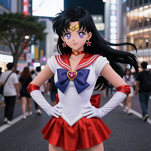 Digital anime-style artwork of Sailor Moon with long black hair, purple eyes, white and red sailor outfit, gloves, heart brooch, standing confidently on