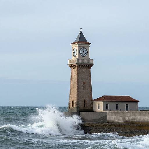 Photograph of a stone lighthouse with a clock tower, standing on a rocky pier, as waves crash against it under a clear blue sky.