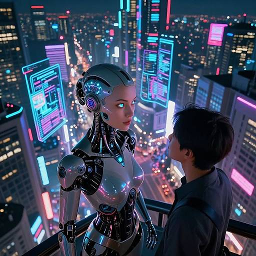 Photorealistic CGI of a futuristic cityscape at night, featuring a glowing, metallic humanoid woman with cybernetic enhancements, facing a man in a