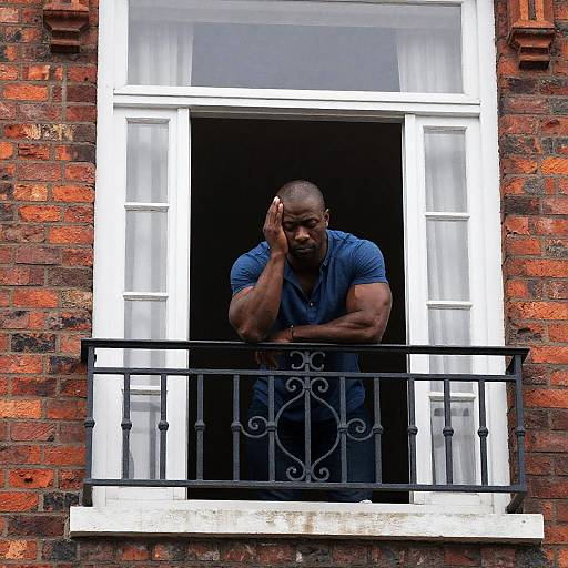 Contemplative Man on Wrought Iron Balcony