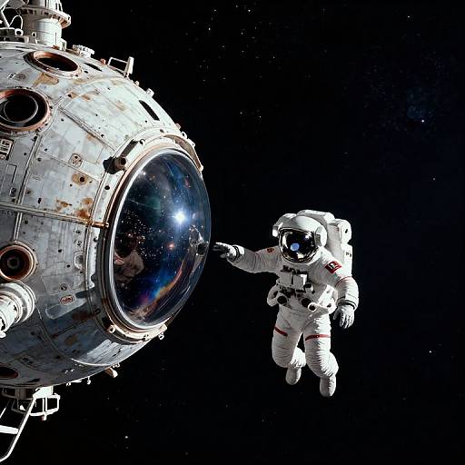Photograph of an astronaut in a white spacesuit with a reflective helmet, touching a large, detailed space station against a starry black background.