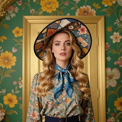 Photograph of a blonde woman with wavy hair, wearing a floral shirt, blue bow tie, and patterned hat, standing in front of a