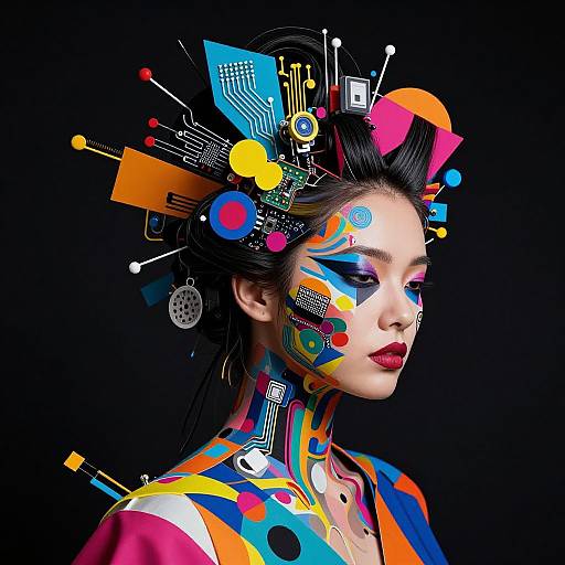 Photograph of an Asian woman with vibrant, abstract digital face paint and hair accessories, featuring colorful geometric shapes and circuits against a black background.