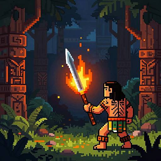 Pixel Art Tribal Warrior Scene