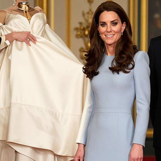Photograph of a smiling woman with long brown hair in a light blue, long-sleeve dress, standing beside a person in an off-the-