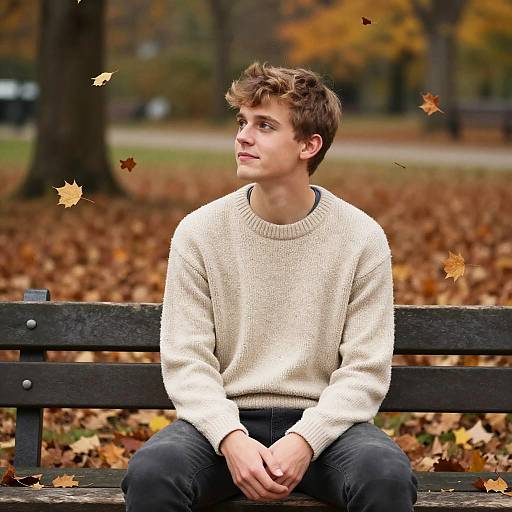 Photograph of a young man with light brown hair, wearing a beige sweater and black pants, sitting on a wooden bench in a park with autumn leaves